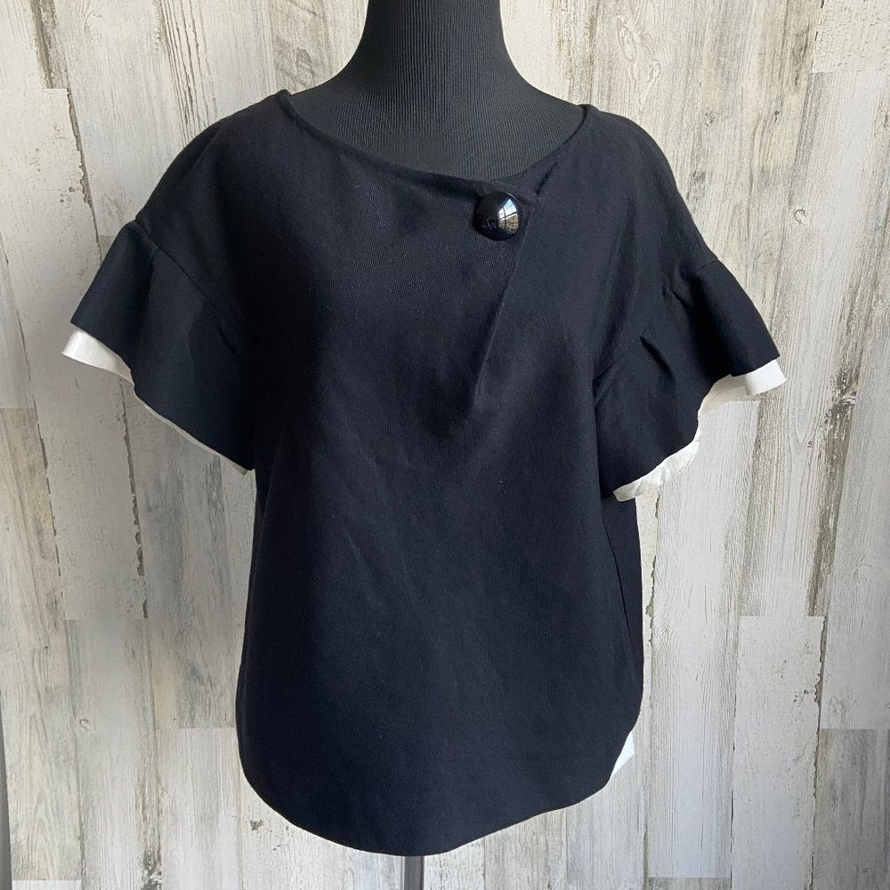 3.1 Phillip Lim Size 8 Wool Short Sleeve Blouse Flutter Sleeve Black